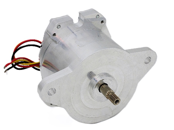 Brushless DC motor in a custom aluminum housing with mounting lugs and a toothed output shaft