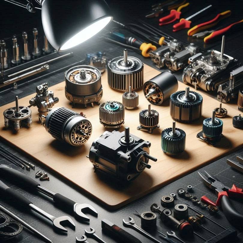 Electric motors and gear motors in various designs on a workbench with tools