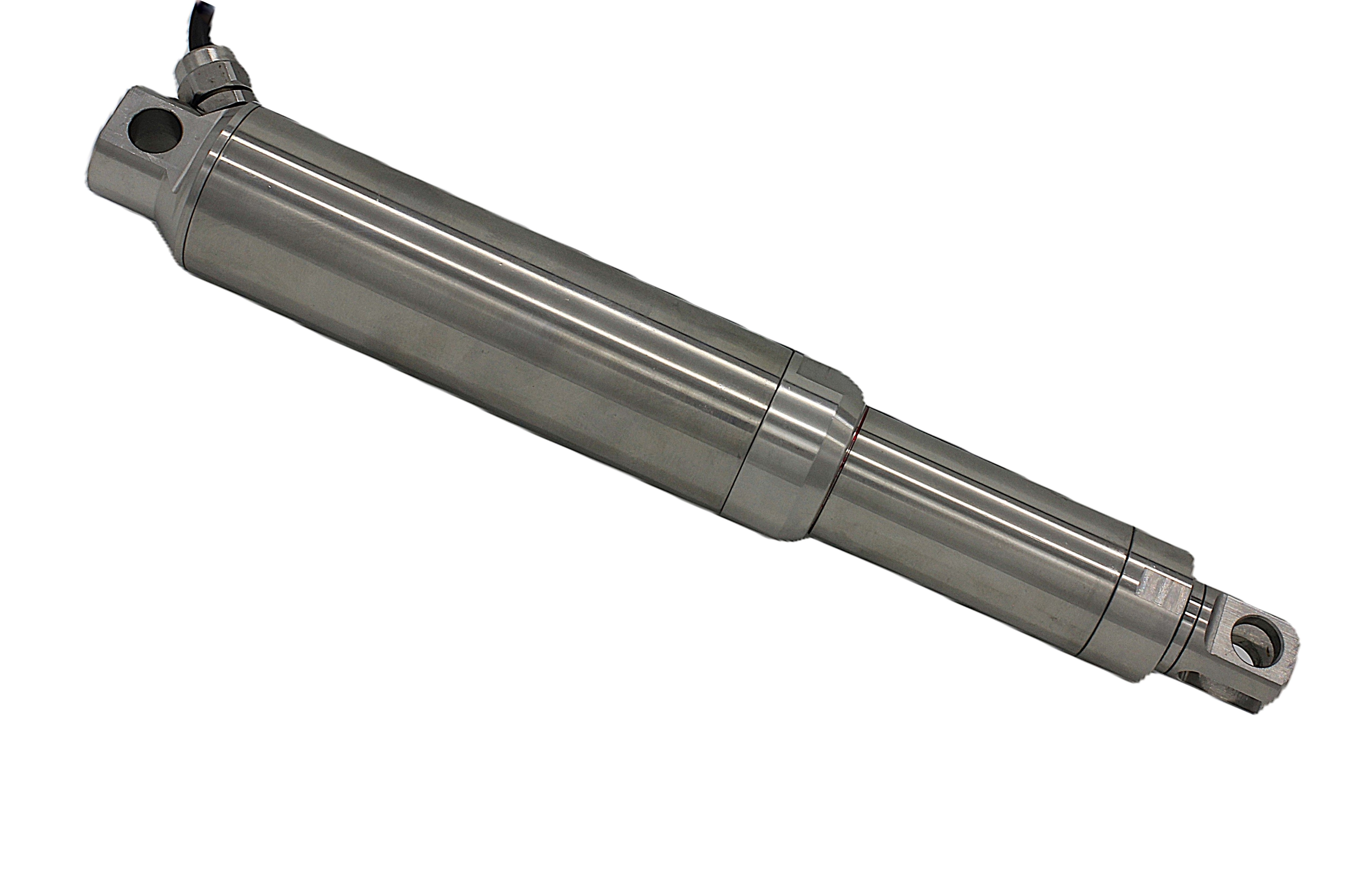 Stainless steel in-line linear actuator with mounting eyes and cable gland