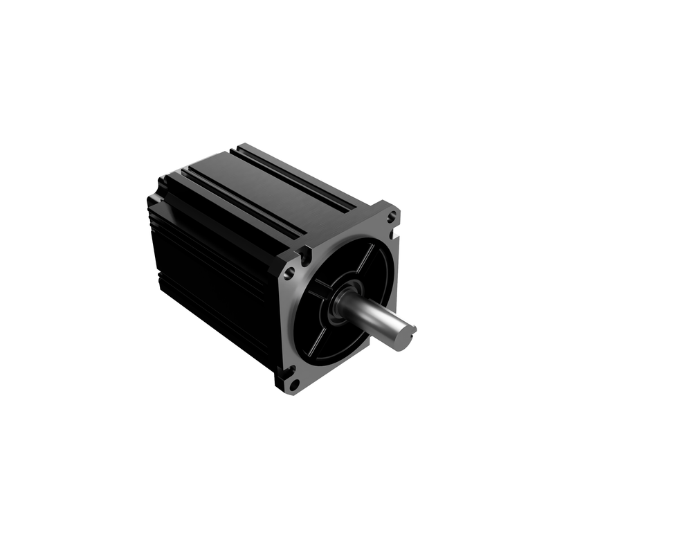 Brushless motor with a black ribbed aluminum housing and square flange