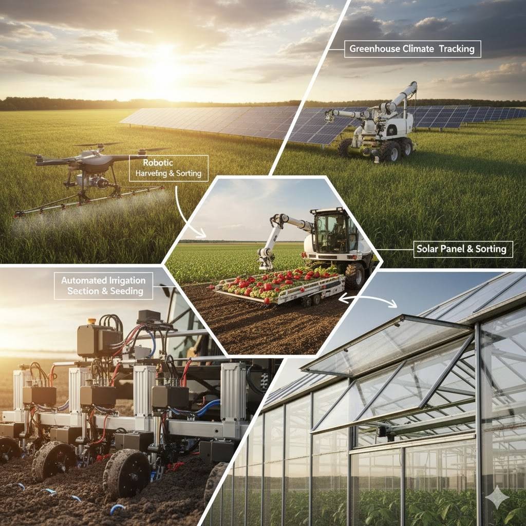 Collage of electrified agriculture: spraying drone, harvesting robot, seeding robot and greenhouse with automated roof vents