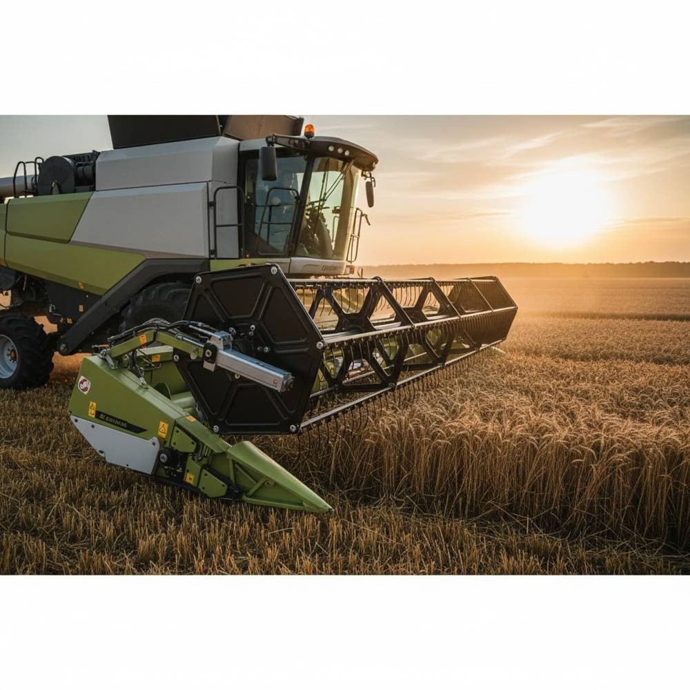 Combine harvester in a wheat field with a linear actuator mounted on the header