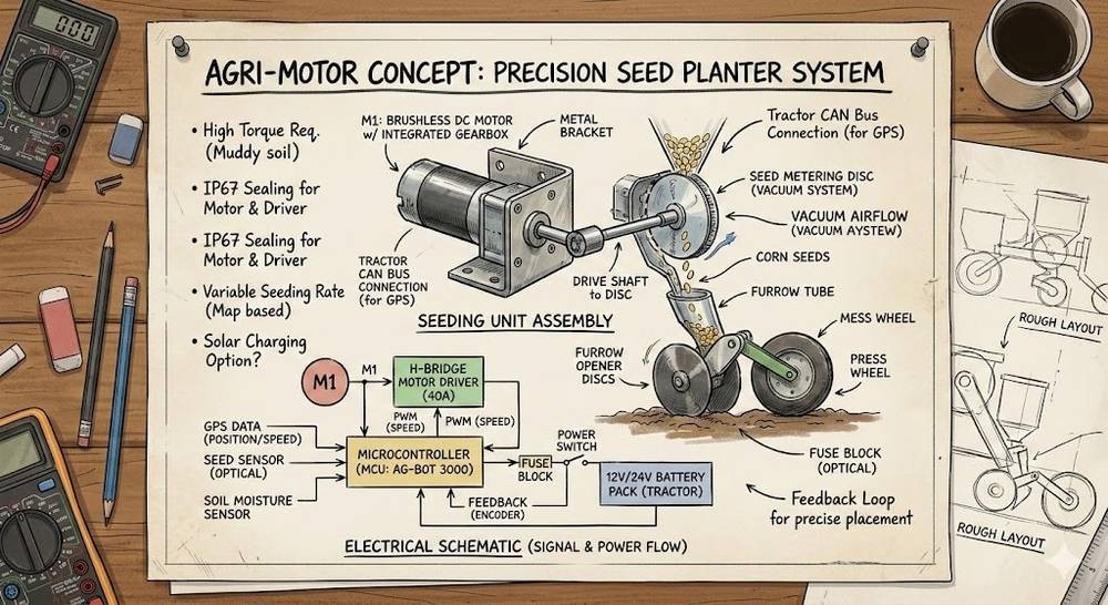 Concept sketch of a precision seed planter with a brushless DC motor driving the seed metering disc