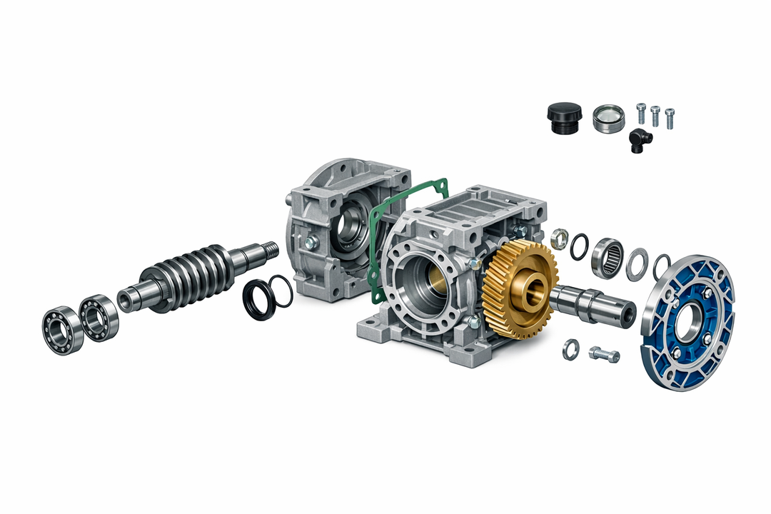 Cutaway of a cylindrical worm gearbox showing the worm, worm wheel and bearings