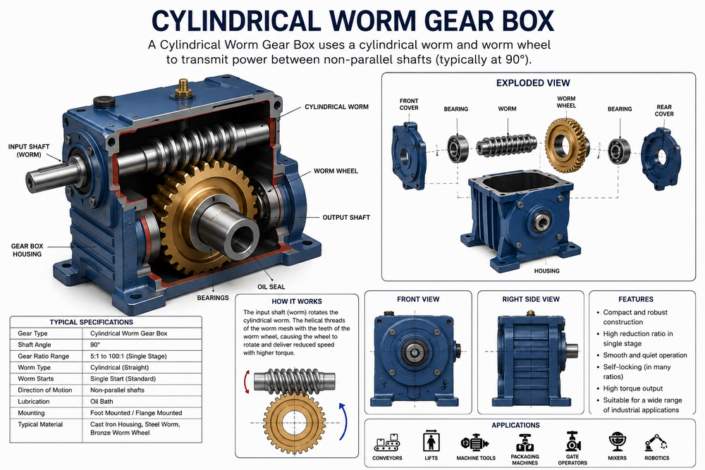 Exploded view of a multi-start worm gearbox with worm, bronze worm wheel, bearings and seals